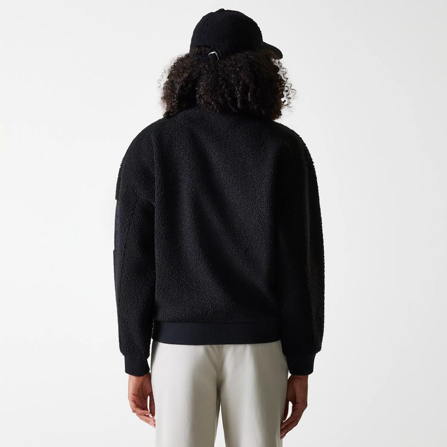 The Female model is wearing LA Dodgers Womens MLB Black Oversized Sherpa Bomber Jacket 6