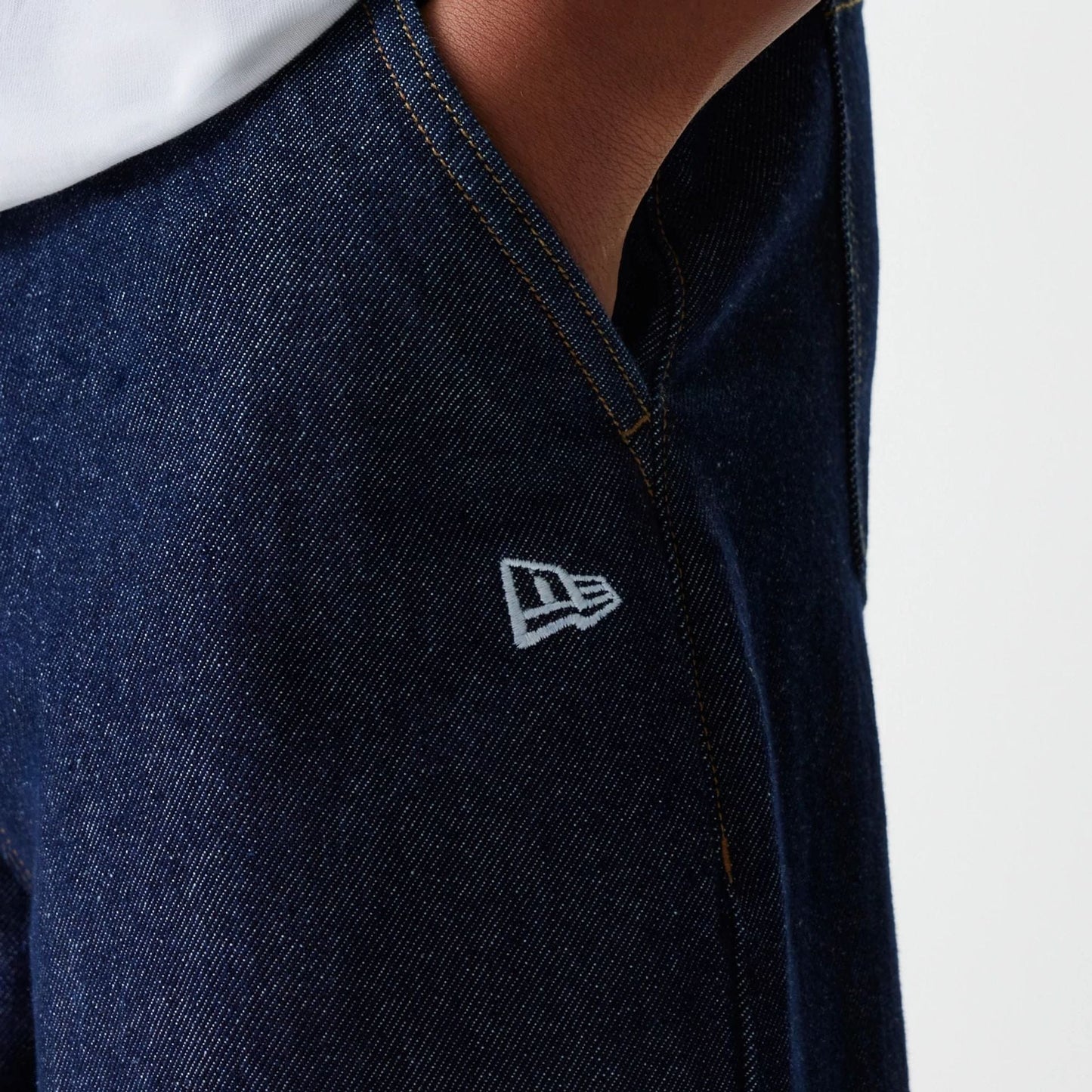 The Female model is wearing New York Yankees Womens MLB Dark Blue Wide Leg Denim Trousers 6