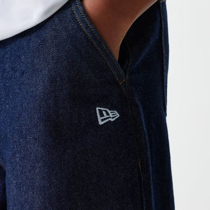 The Female model is wearing New York Yankees Womens MLB Dark Blue Wide Leg Denim Trousers 6