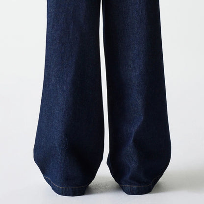 The Female model is wearing New York Yankees Womens MLB Dark Blue Wide Leg Denim Trousers 8