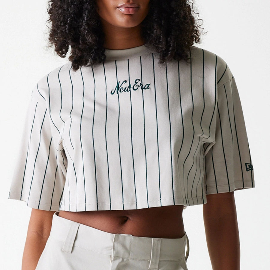 The Female model is wearing Womens New Era Pinstripe Light Beige Crop T-Shirt 3