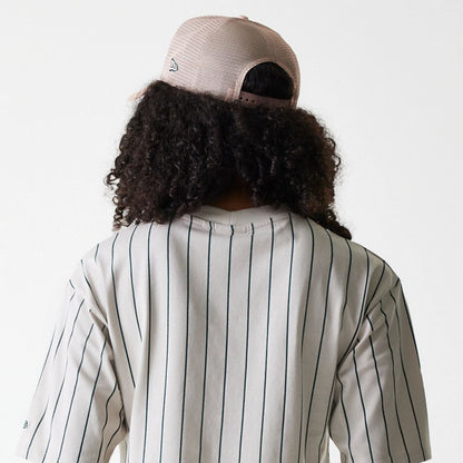 The Female model is wearing Womens New Era Pinstripe Light Beige Crop T-Shirt 6