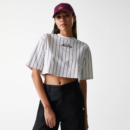 The Female model is wearing Womens New Era Pinstripe Pastel Grey Crop T-Shirt 1