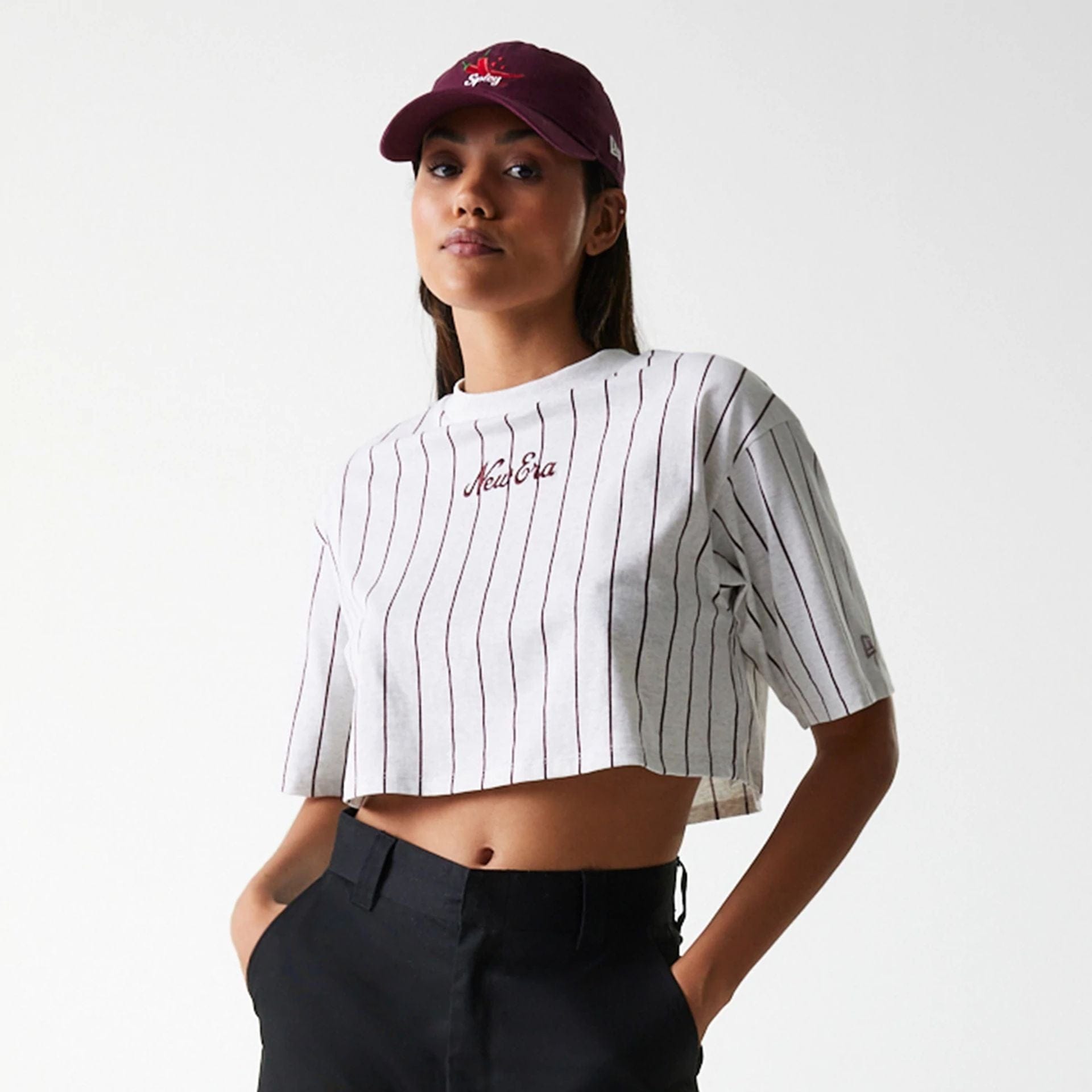 The Female model is wearing Womens New Era Pinstripe Pastel Grey Crop T-Shirt 5