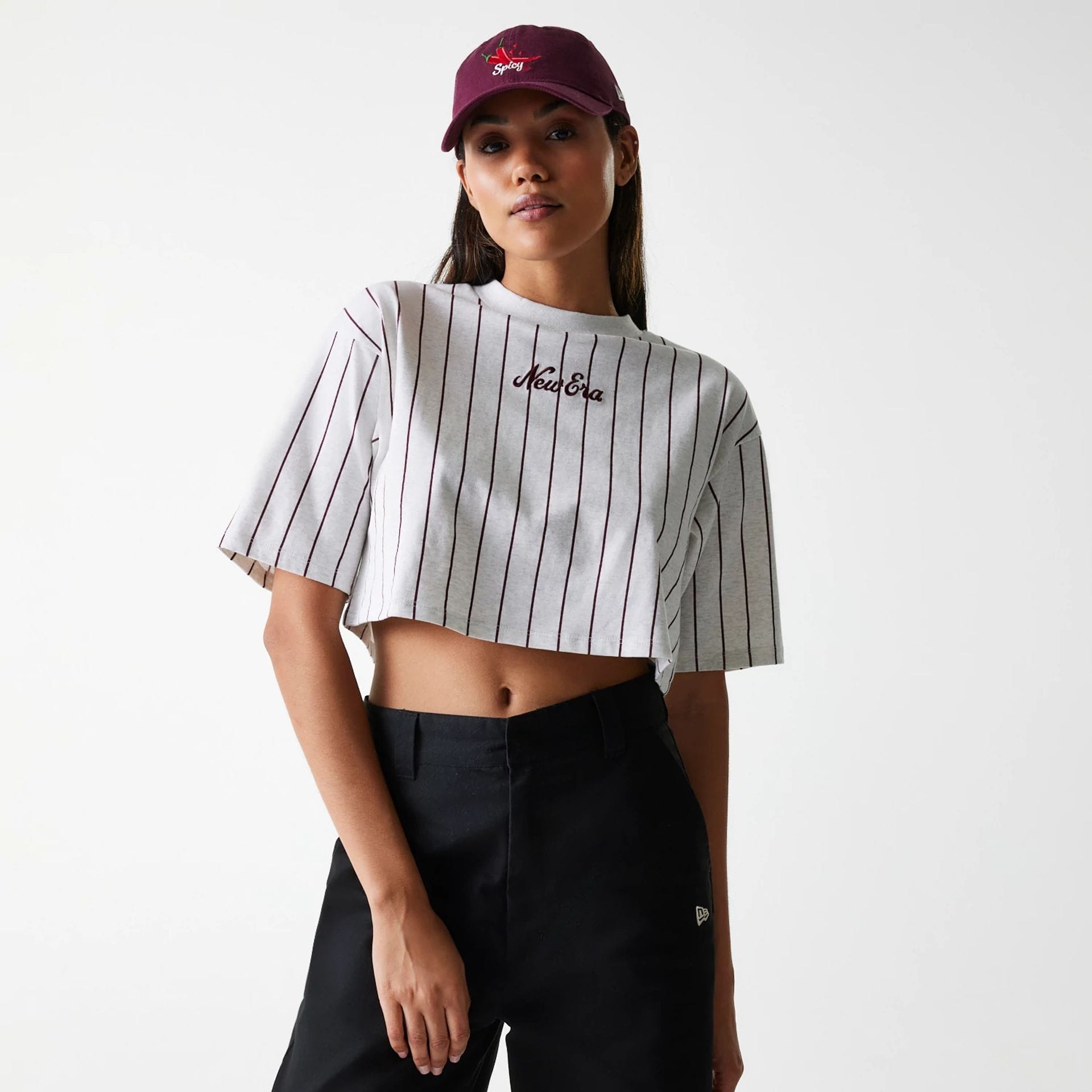 The Female model is wearing Womens New Era Pinstripe Pastel Grey Crop T-Shirt 1