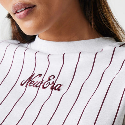 The Female model is wearing Womens New Era Pinstripe Pastel Grey Crop T-Shirt 3