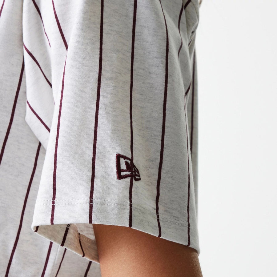 The Female model is wearing Womens New Era Pinstripe Pastel Grey Crop T-Shirt 4