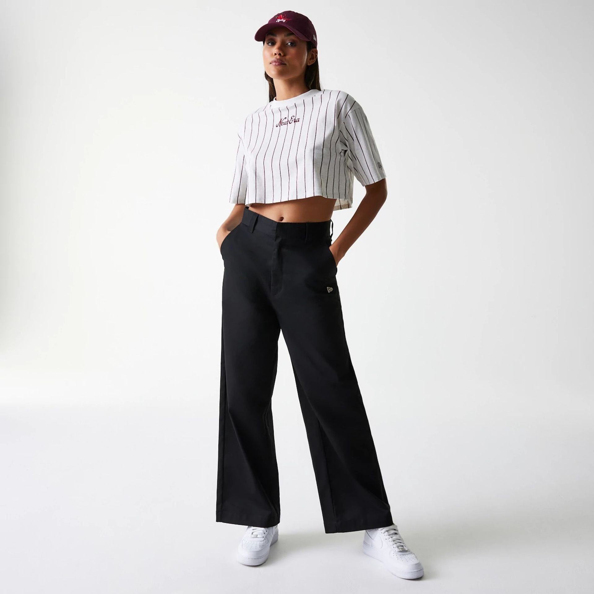 The Female model is wearing Womens New Era Pinstripe Pastel Grey Crop T-Shirt 8