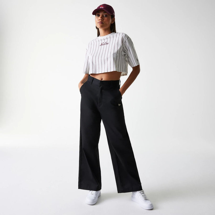 The Female model is wearing Womens New Era Pinstripe Pastel Grey Crop T-Shirt 8