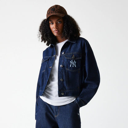 The Female model is wearing New York Yankees Womens MLB Dark Blue Denim Jacket 3
