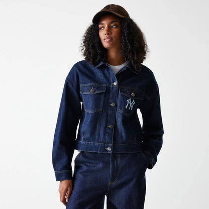The Female model is wearing New York Yankees Womens MLB Dark Blue Denim Jacket 1
