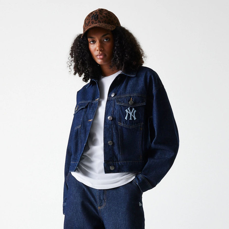 The Female model is wearing New York Yankees Womens MLB Dark Blue Denim Jacket 3