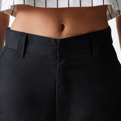 The Female model is wearing Womens New Era Black Wide Leg Chino Trousers 4