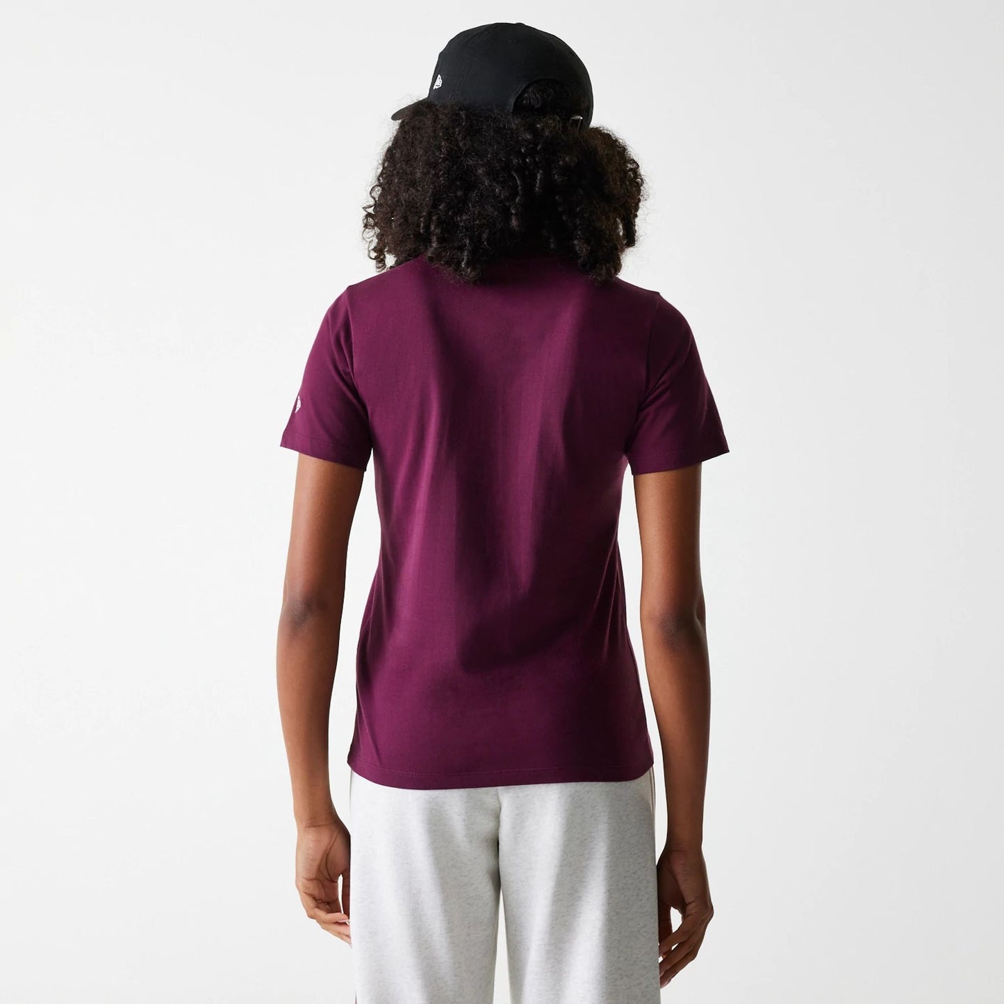 The Female model is wearing Womens New Era Crest Dark Red T-Shirt 2