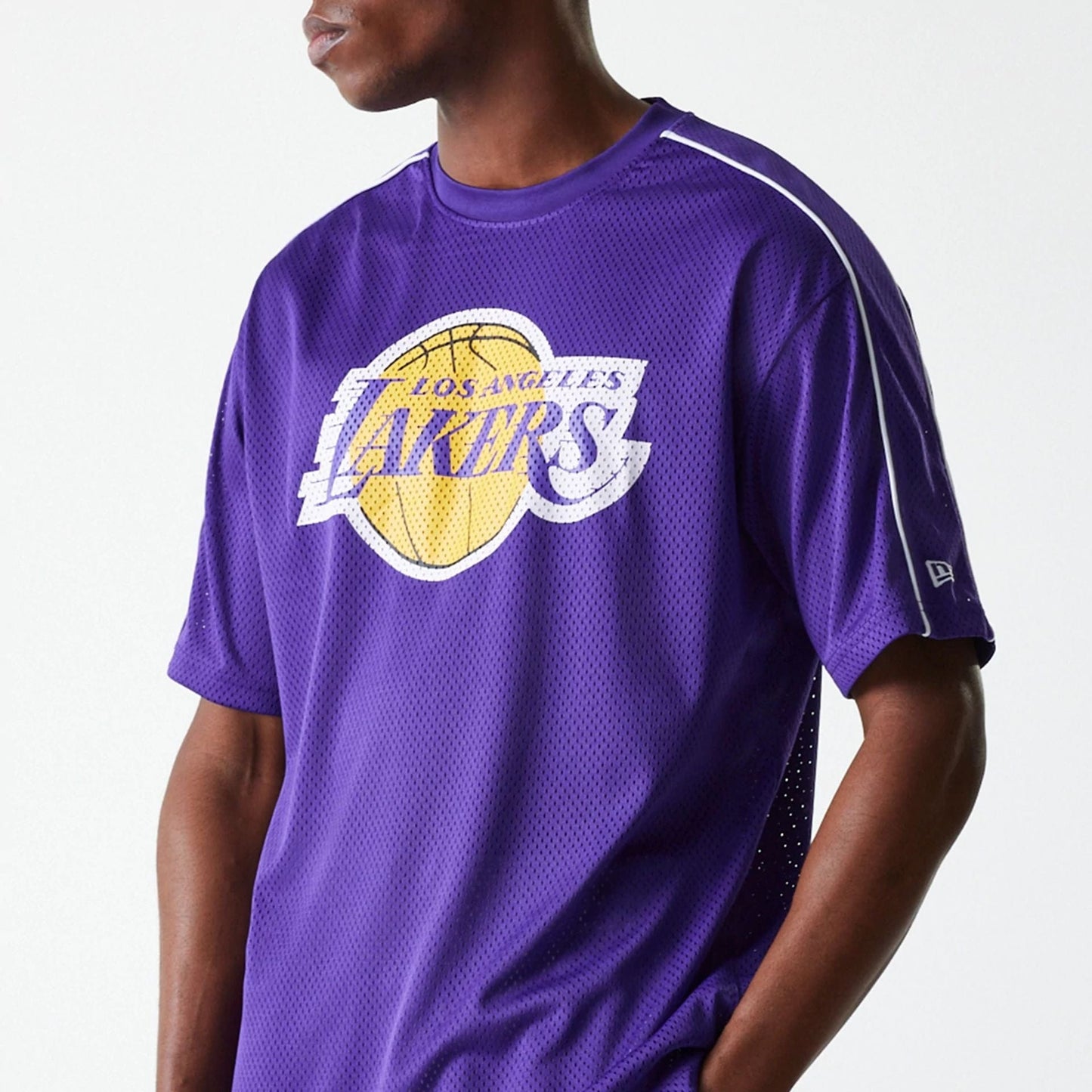 The Male model is wearing LA Lakers NBA Piping Purple Oversized Mesh T-Shirt 5