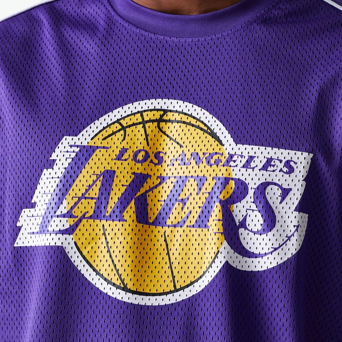 The Male model is wearing LA Lakers NBA Piping Purple Oversized Mesh T-Shirt 3