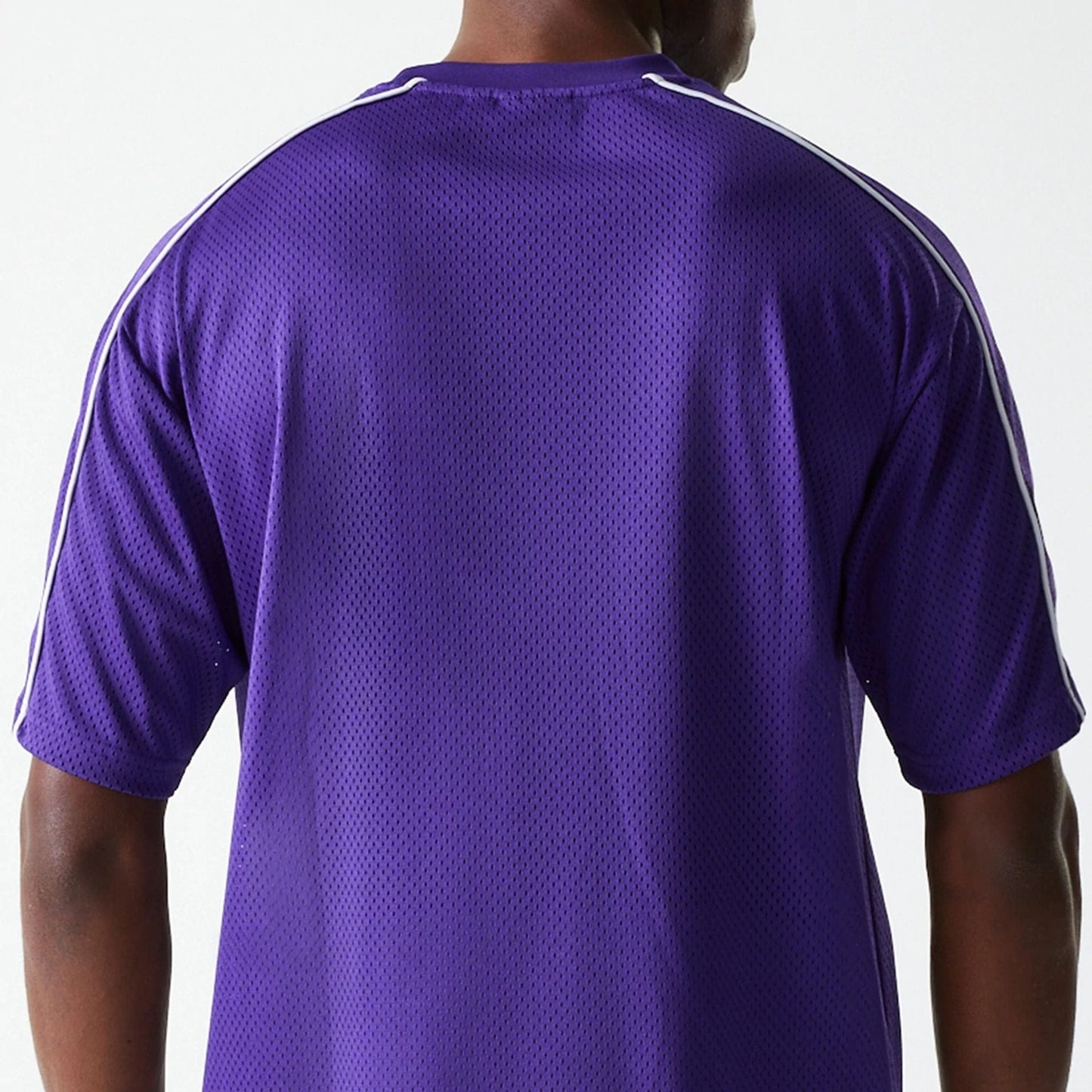 The Male model is wearing LA Lakers NBA Piping Purple Oversized Mesh T-Shirt 6