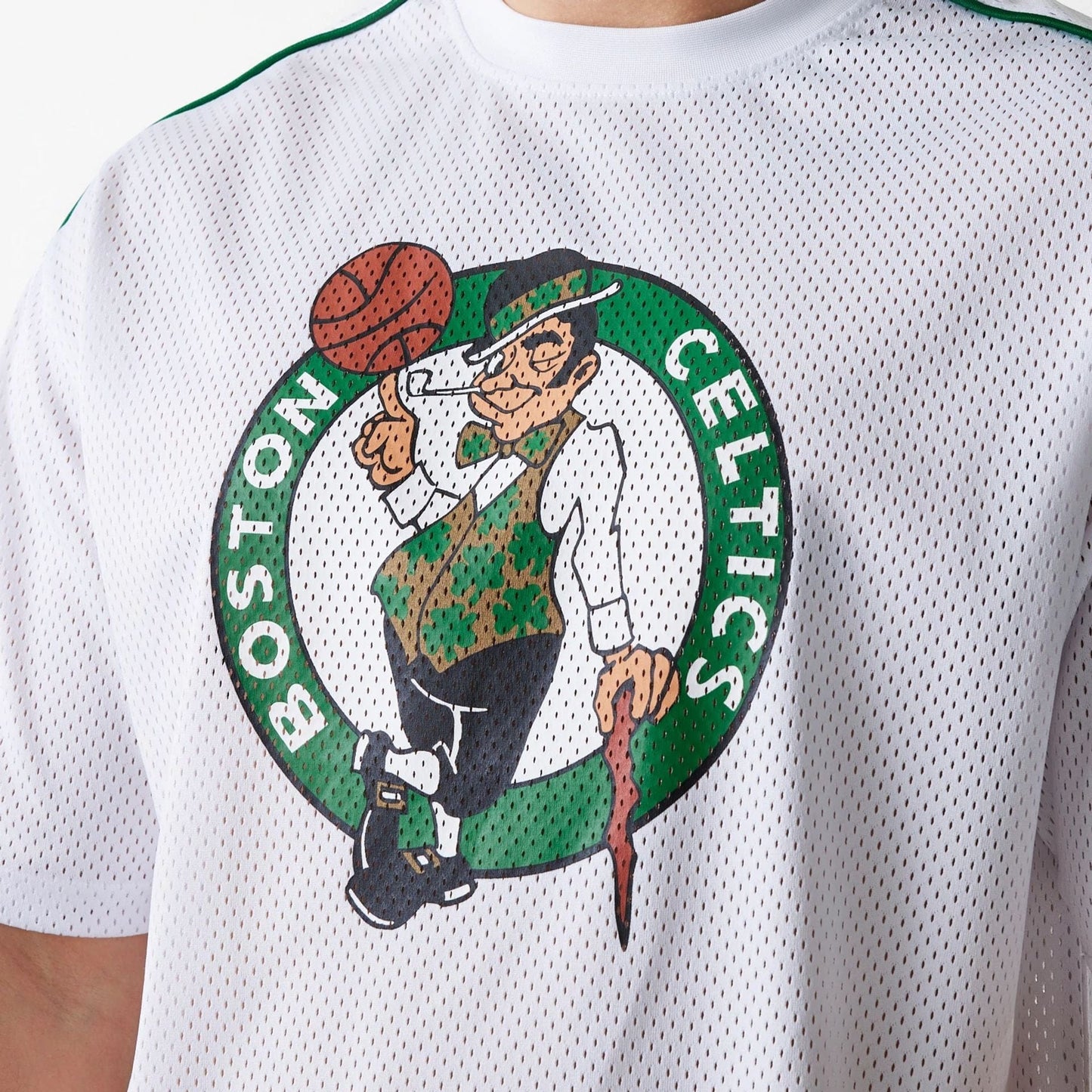 The Male model is wearing Boston Celtics NBA Piping White Oversized Mesh T-Shirt 5