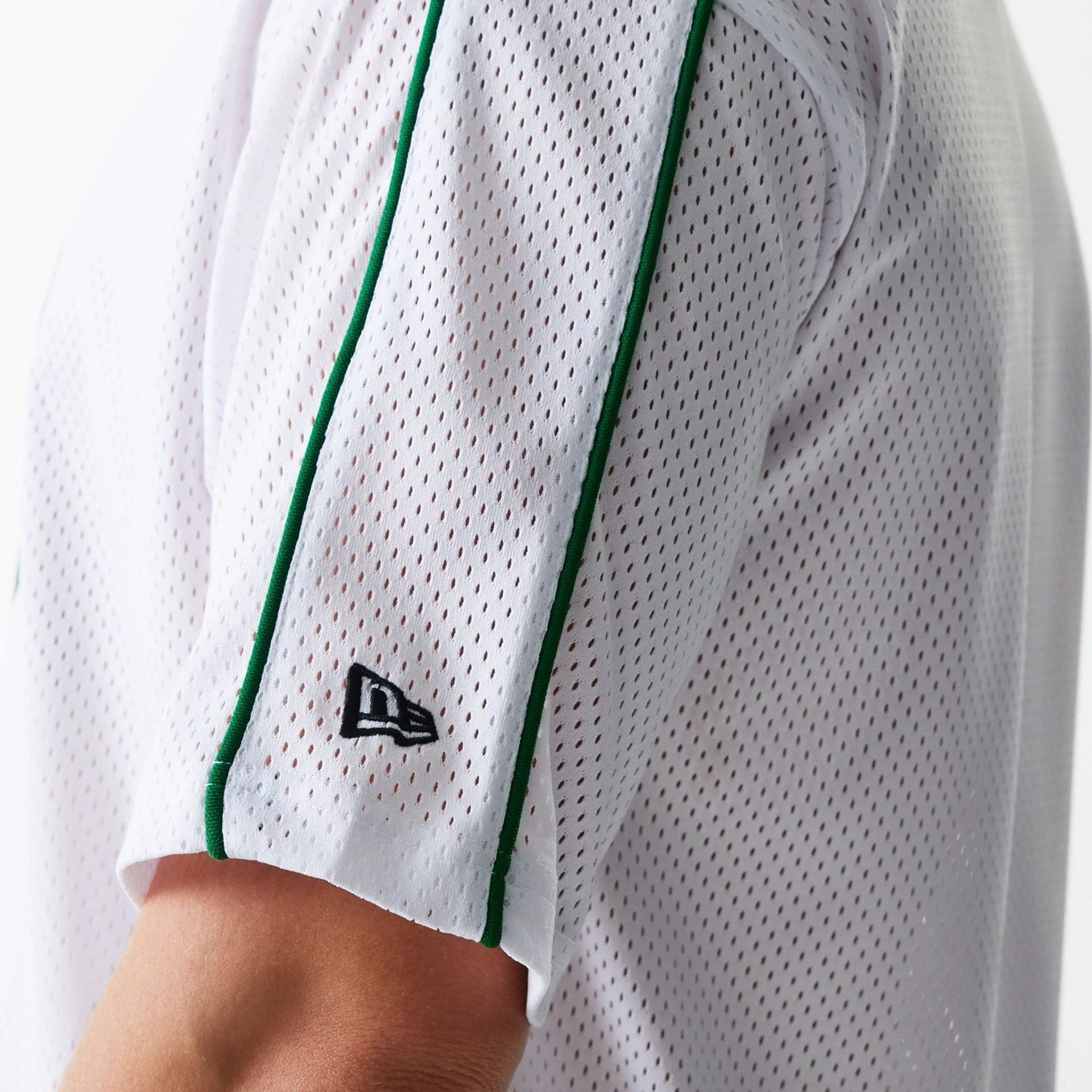 The Male model is wearing Boston Celtics NBA Piping White Oversized Mesh T-Shirt 7