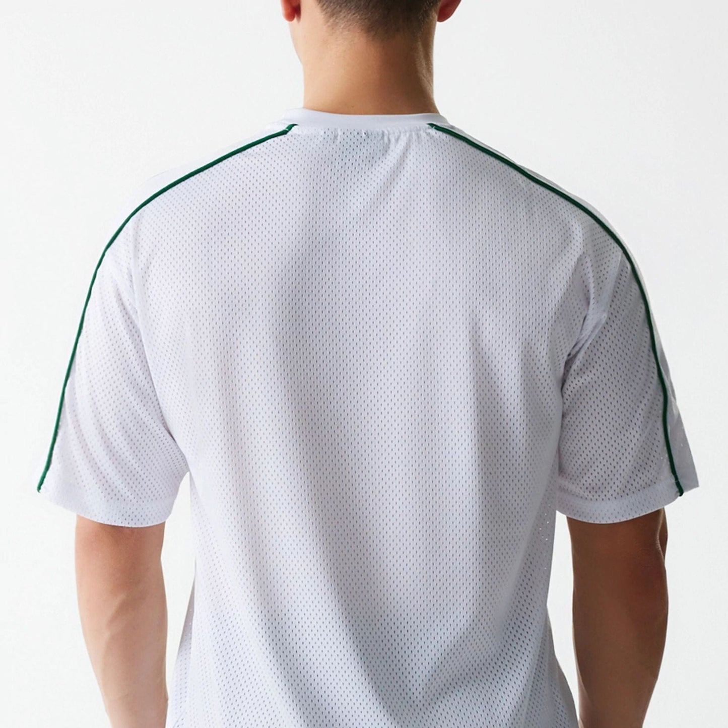 The Male model is wearing Boston Celtics NBA Piping White Oversized Mesh T-Shirt 6