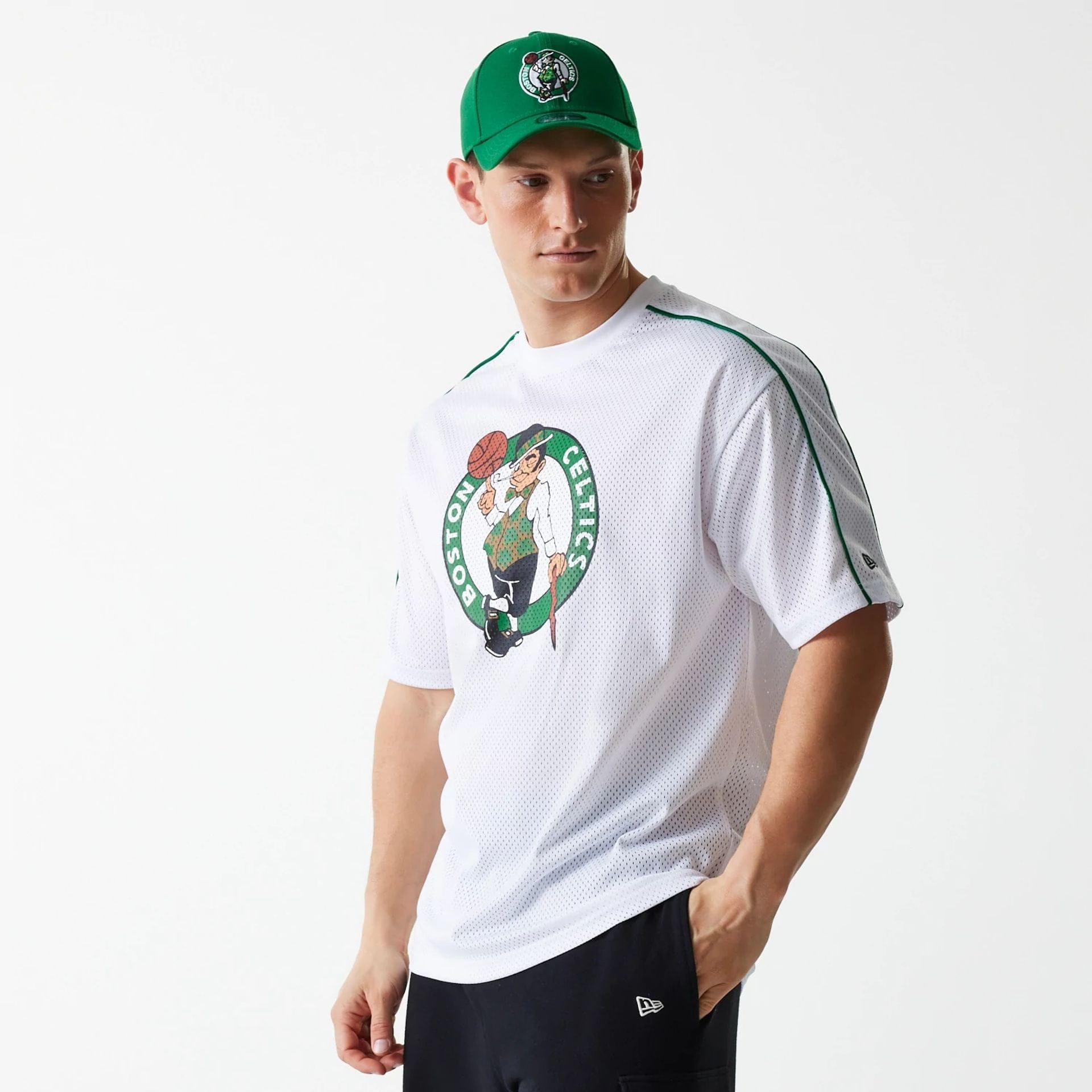 The Male model is wearing Boston Celtics NBA Piping White Oversized Mesh T-Shirt 1