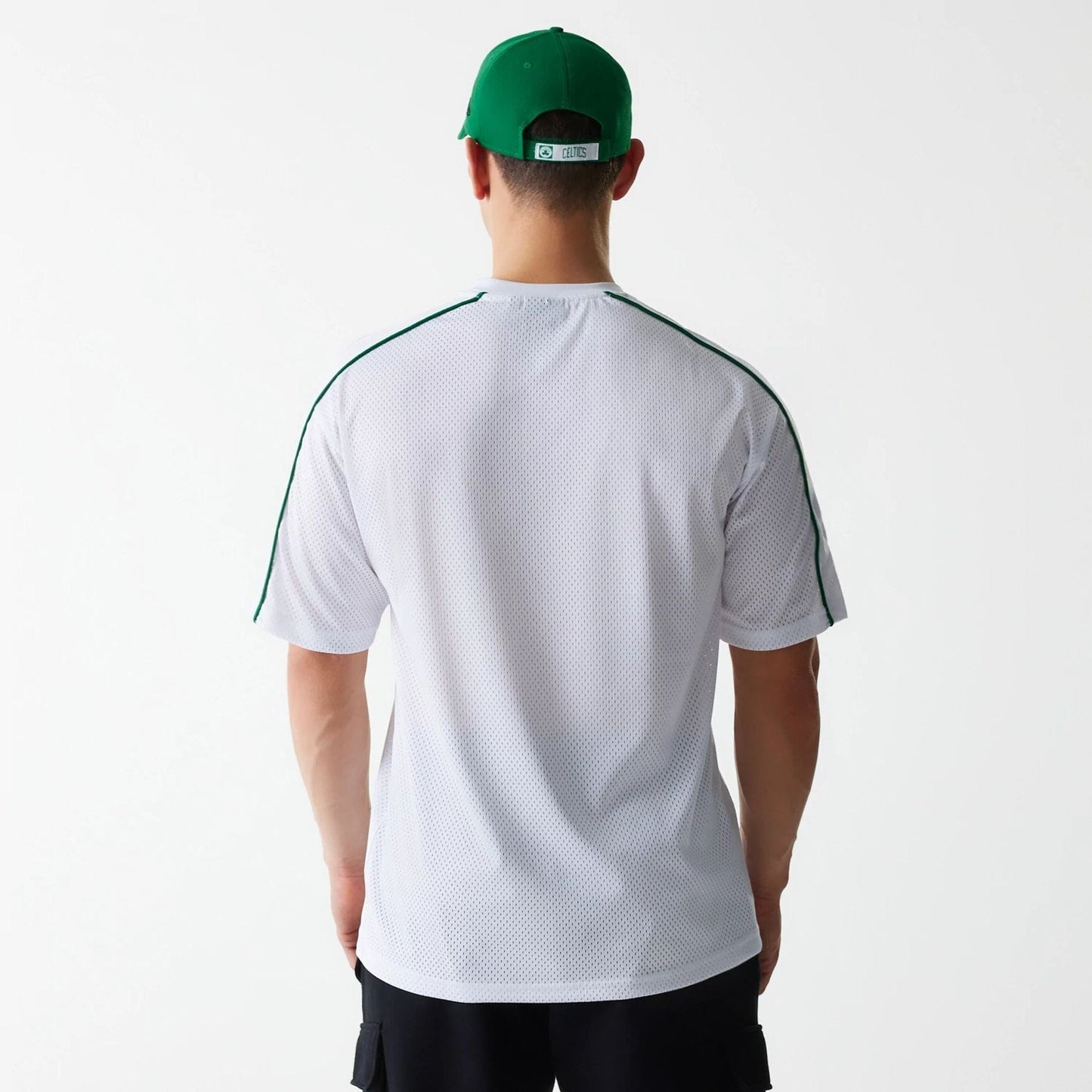 The Male model is wearing Boston Celtics NBA Piping White Oversized Mesh T-Shirt 2
