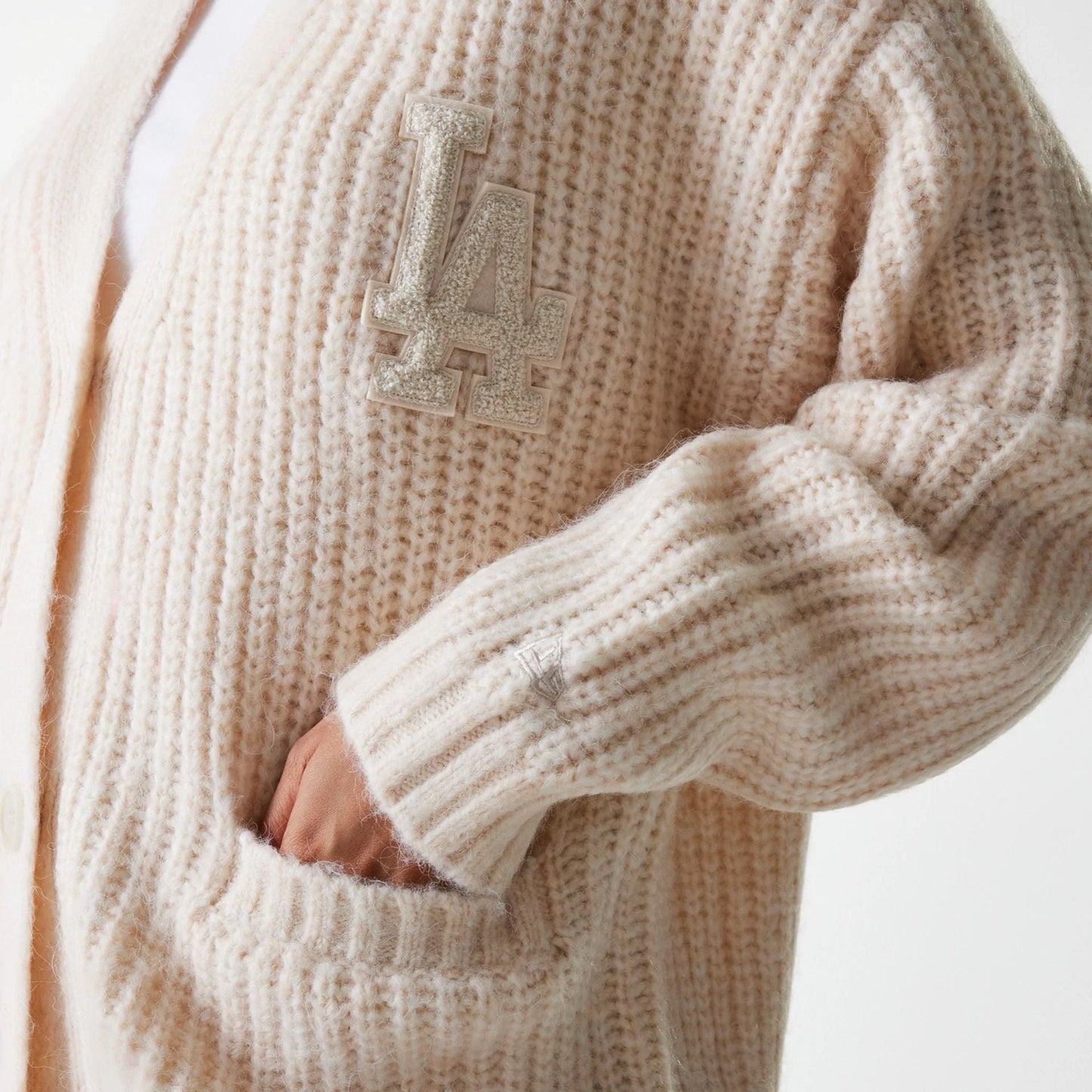 The Female model is wearing LA Dodgers Womens MLB Knit Light Beige Cardigan 4