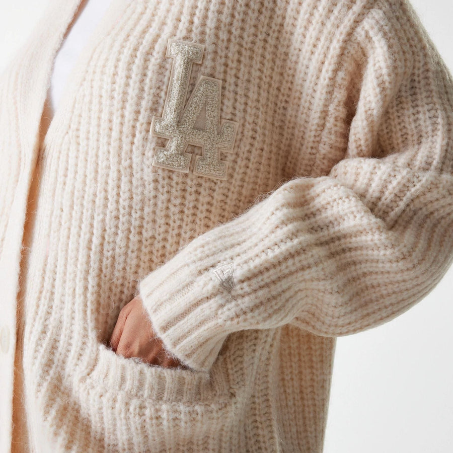 The Female model is wearing LA Dodgers Womens MLB Knit Light Beige Cardigan 4