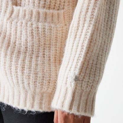 The Female model is wearing LA Dodgers Womens MLB Knit Light Beige Cardigan 5