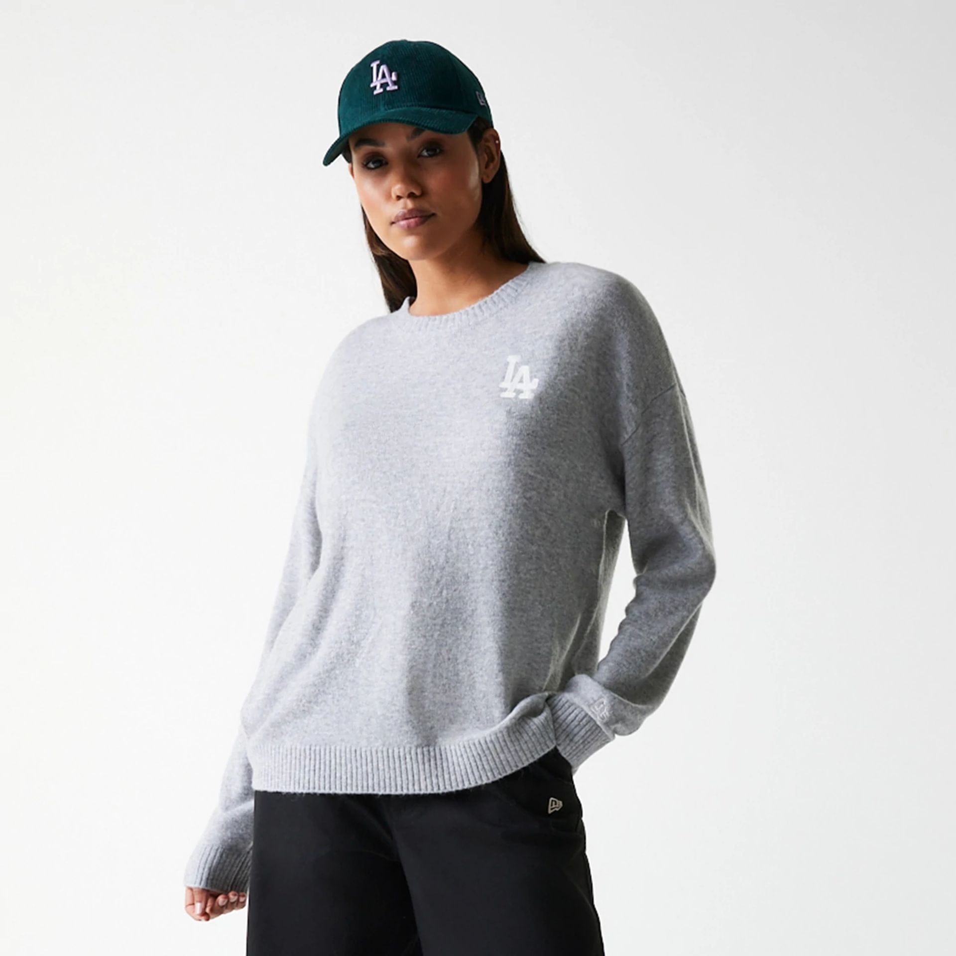 The Female model is wearing LA Dodgers Womens MLB Knit Grey Crew Neck Sweater 6