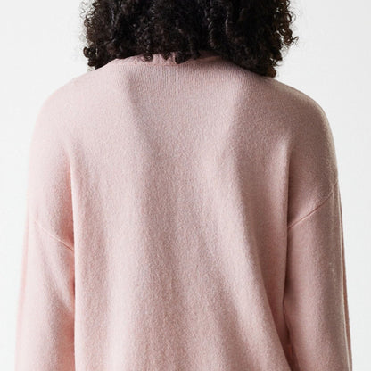 The Female model is wearing New York Yankees Womens MLB Knit Pastel Pink Crew Neck Sweater 6