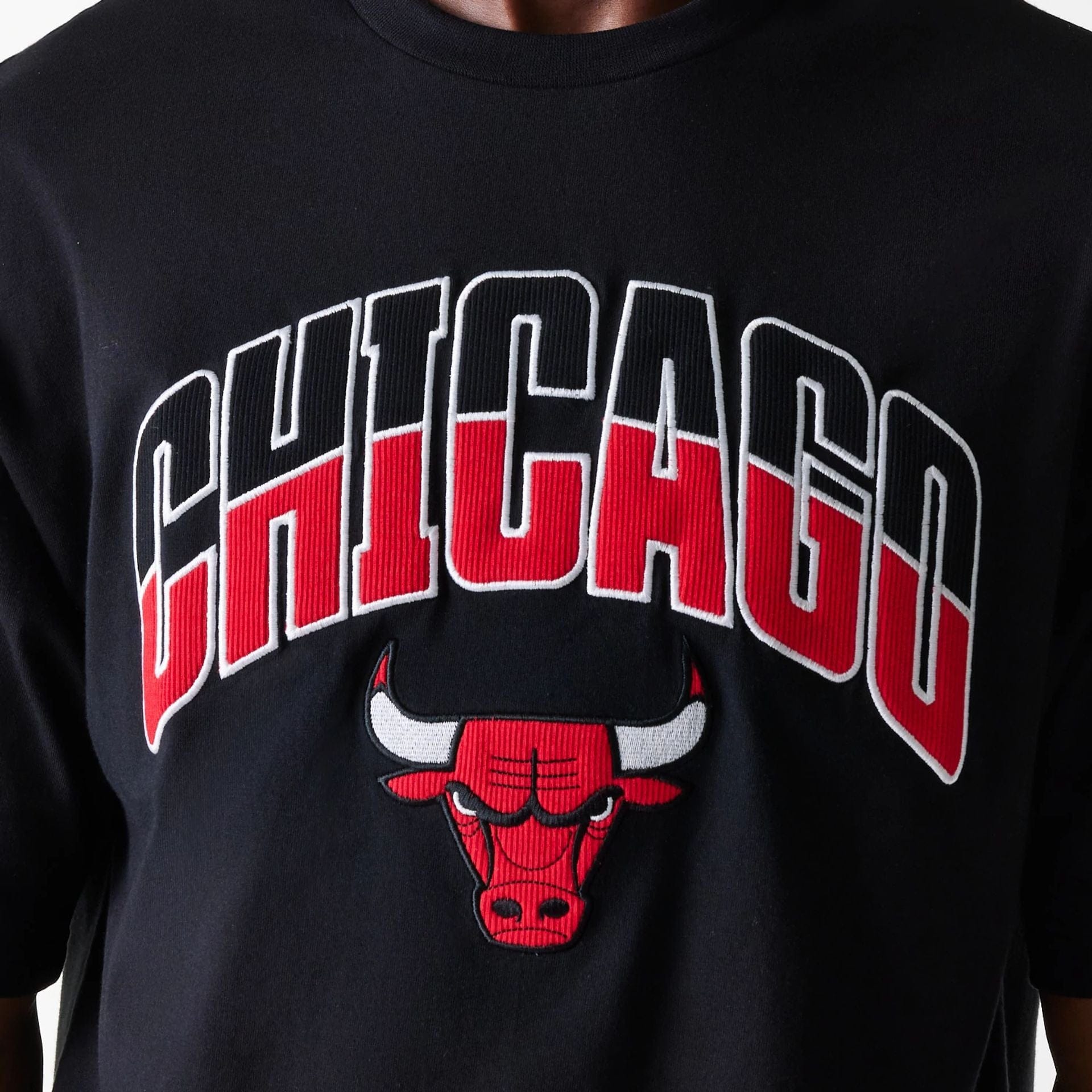 The Male model is wearing Chicago Bulls NBA Arch Graphic Black Oversized T-Shirt 4