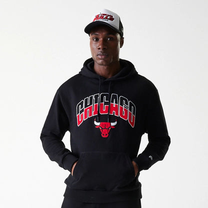 The Male model is wearing Chicago Bulls NBA Arch Graphic Black Oversized Pullover Hoodie 3