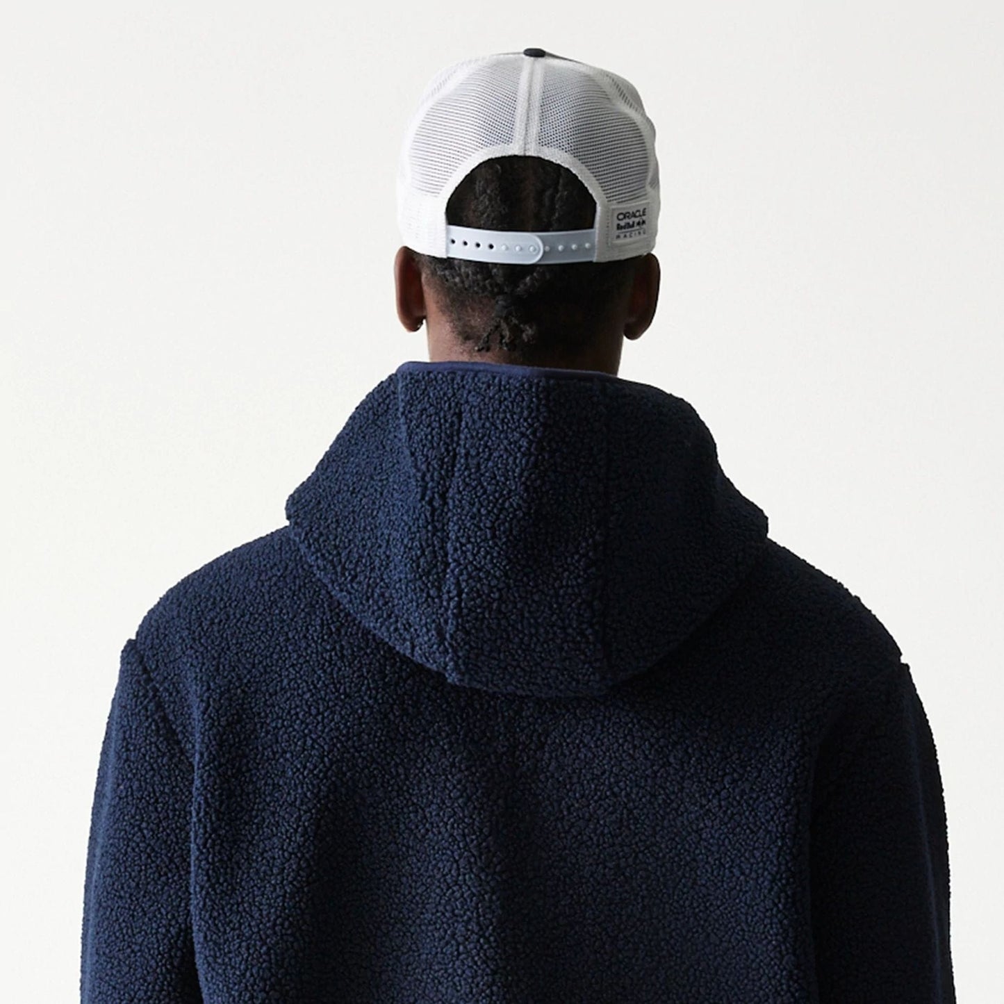 The Male model is wearing Red Bull Racing Dark Blue Hooded Sherpa Jacket 6