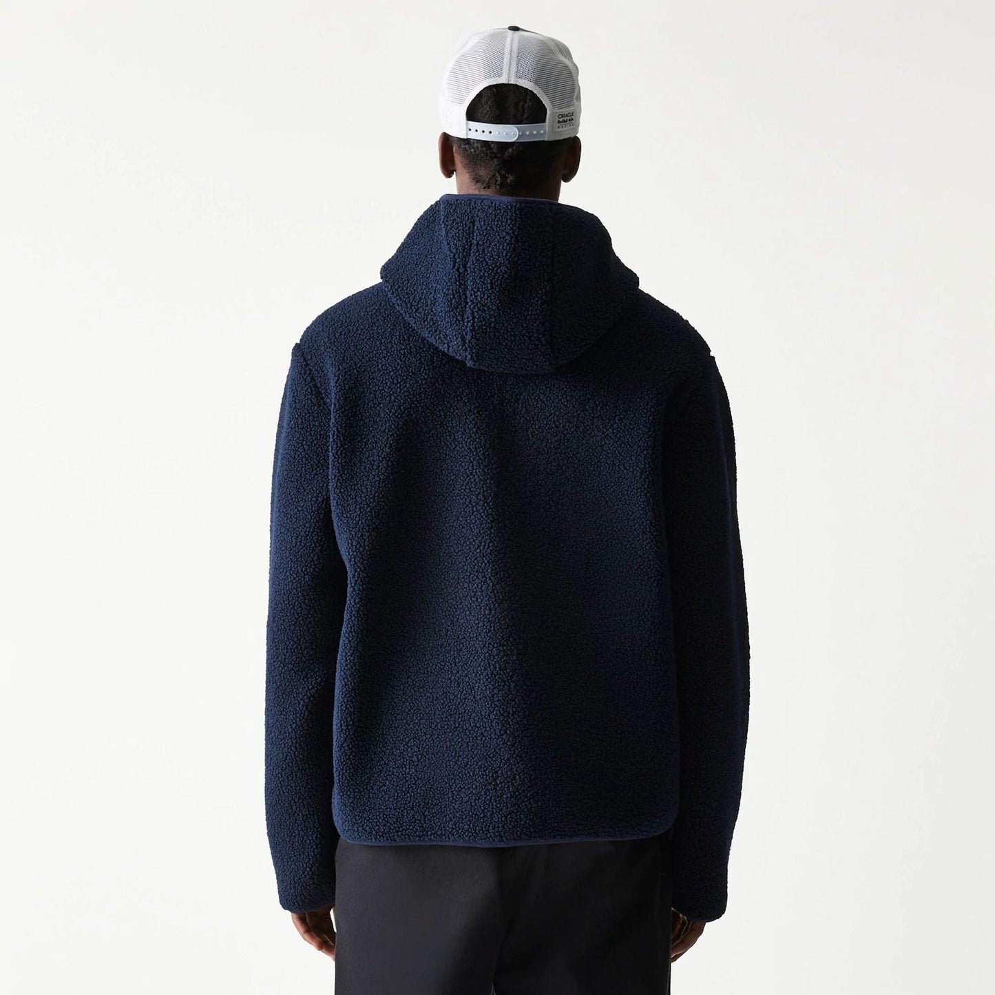 The Male model is wearing Red Bull Racing Dark Blue Hooded Sherpa Jacket 2