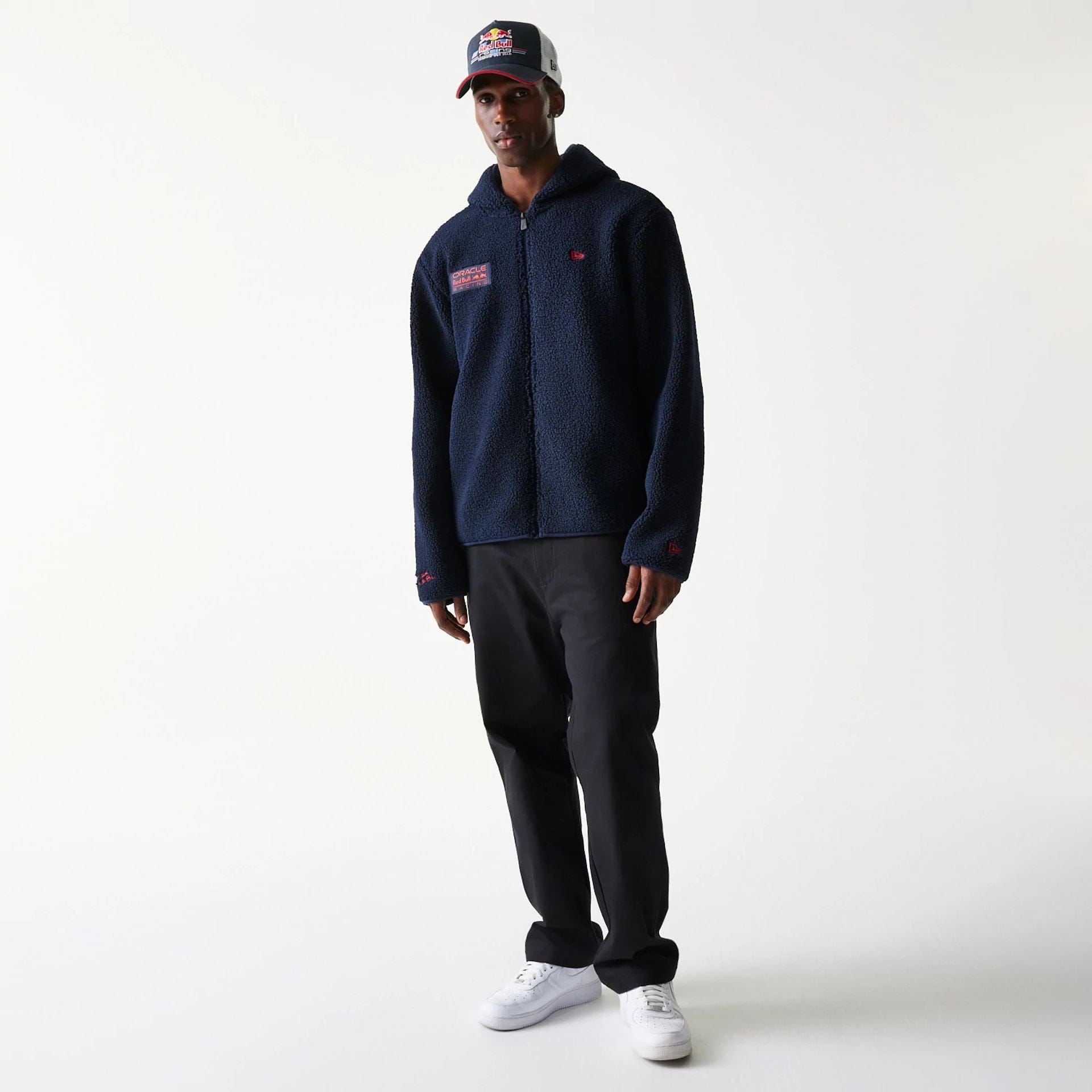 The Male model is wearing Red Bull Racing Dark Blue Hooded Sherpa Jacket 8