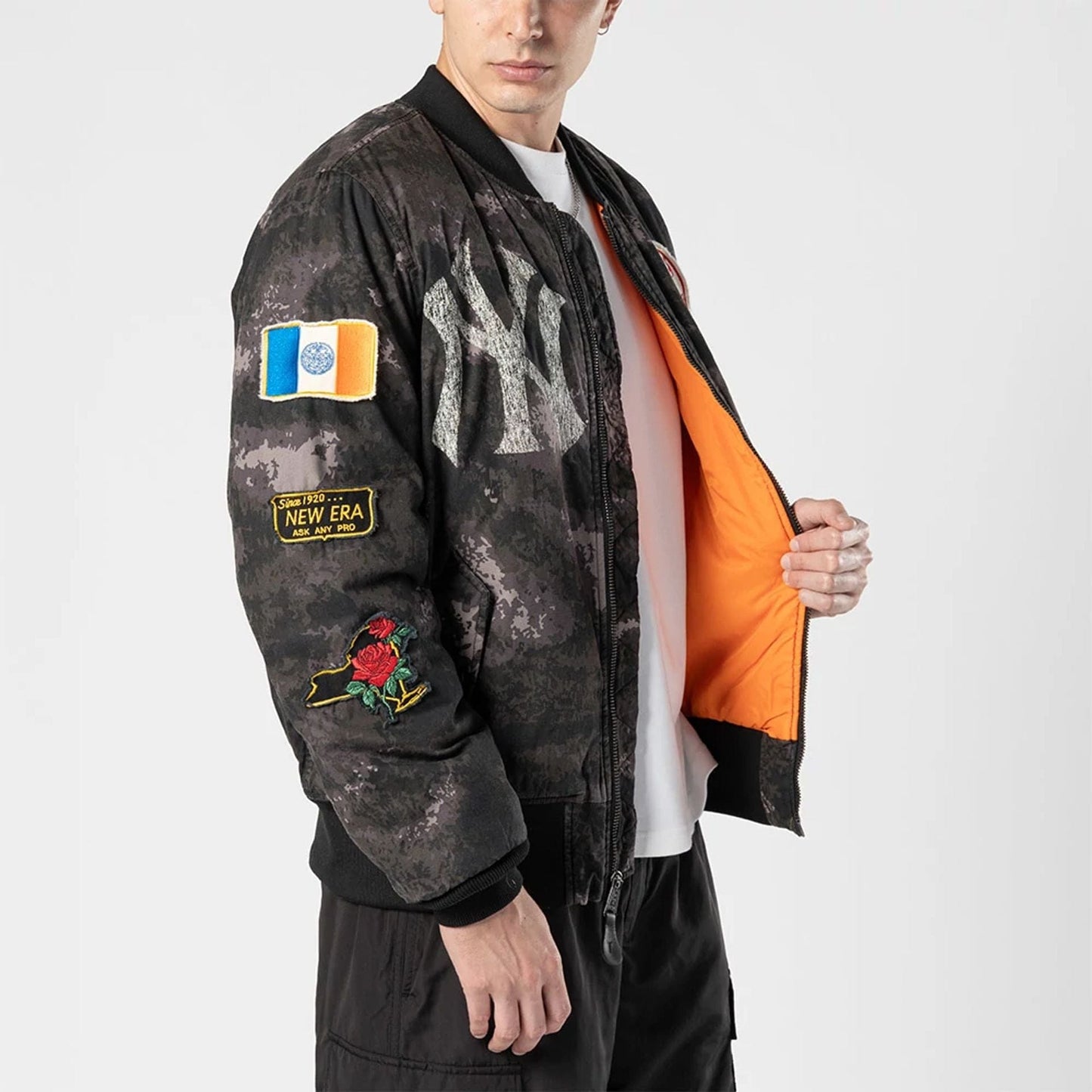 The Male model is wearing New York Yankees MLB X Alpha Black Bomber Jacket 3