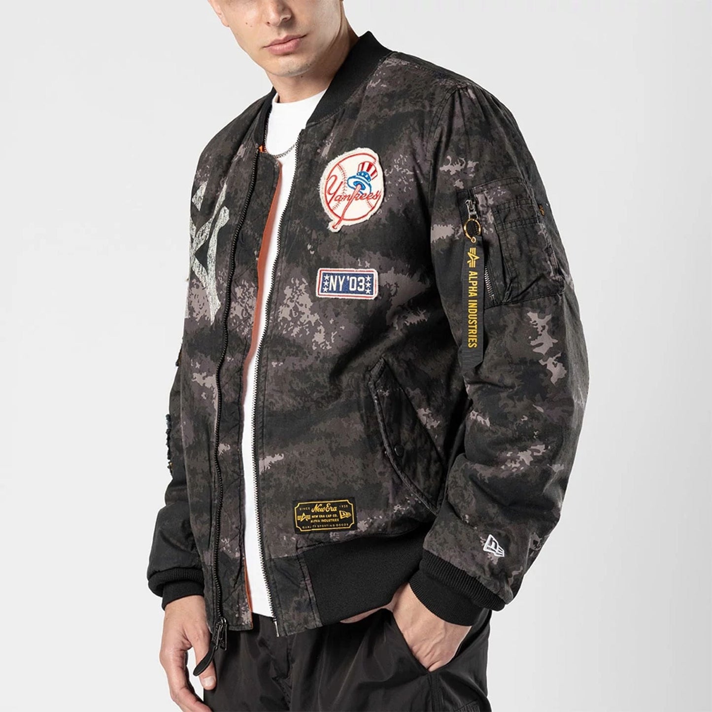 The Male model is wearing New York Yankees MLB X Alpha Black Bomber Jacket 5