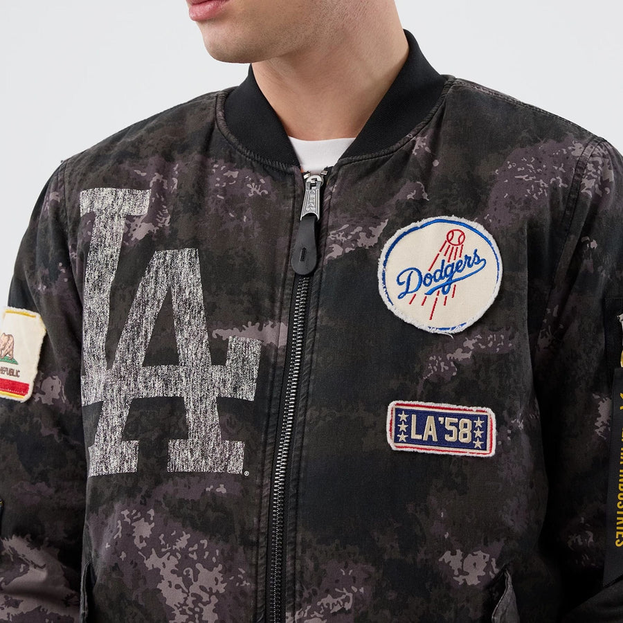 The Male model is wearing LA Dodgers MLB X Alpha Black Bomber Jacket 5