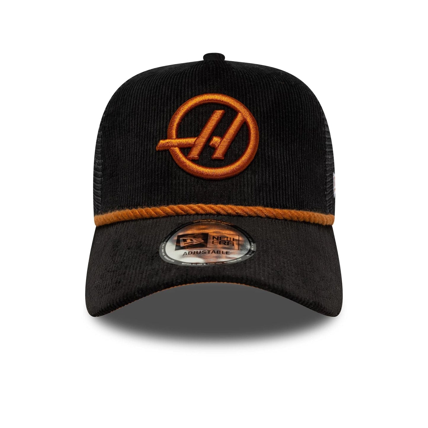 This is a MoneyGram Haas F1 Cord Black 9FORTY E-Frame Trucker Adjustable Cap 2