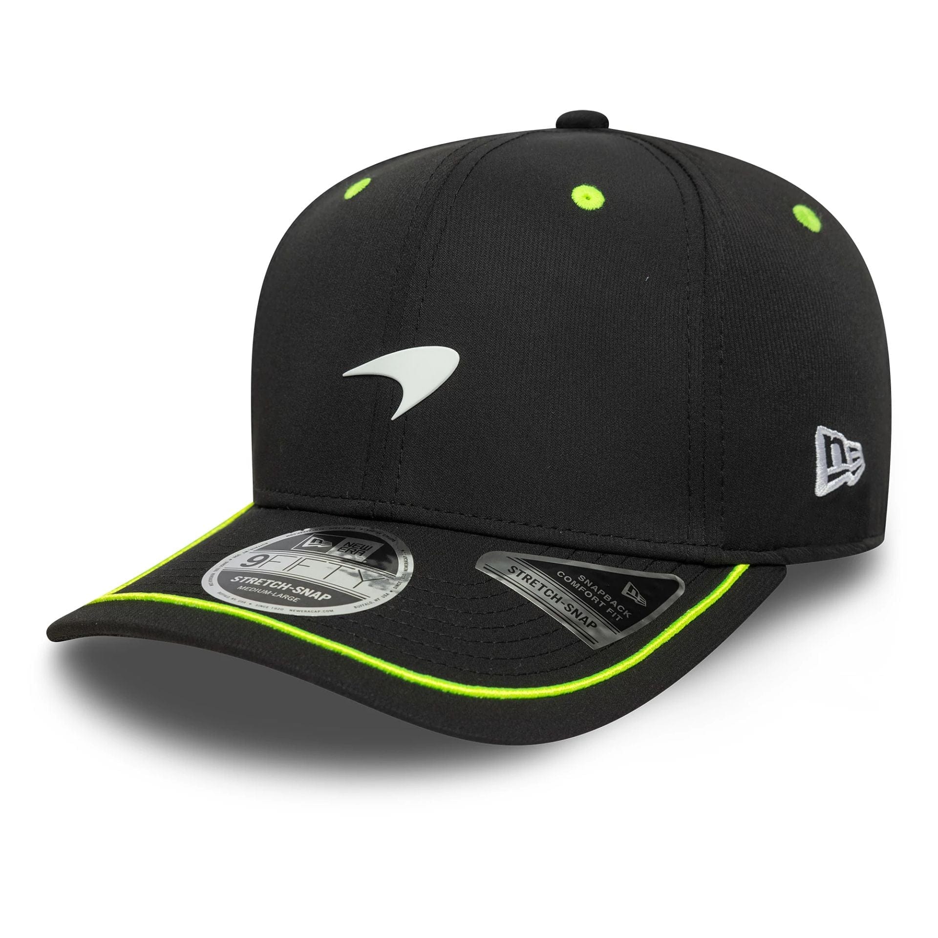 This is a McLaren Racing Pop Black 9FIFTY Stretch Snap Adjustable Cap 1