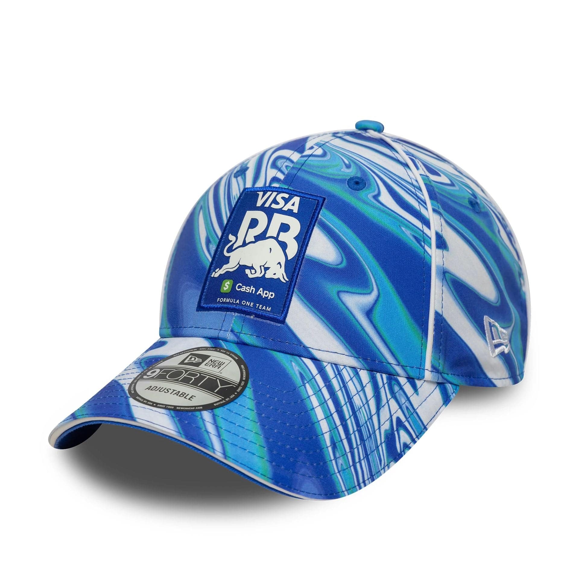 This is a Visa Cash App Racing Bulls All Over Print Blue 9FORTY Adjustable Cap 1