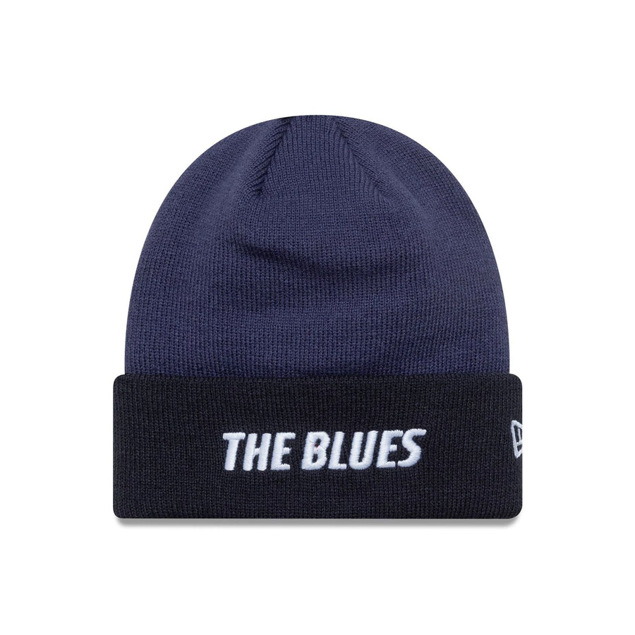 This is a Chelsea FC Lion Crest Youth Wordmark Blue Cuff Knit Beanie Hat 1
