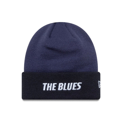 This is a Chelsea FC Lion Crest Youth Wordmark Blue Cuff Knit Beanie Hat 1