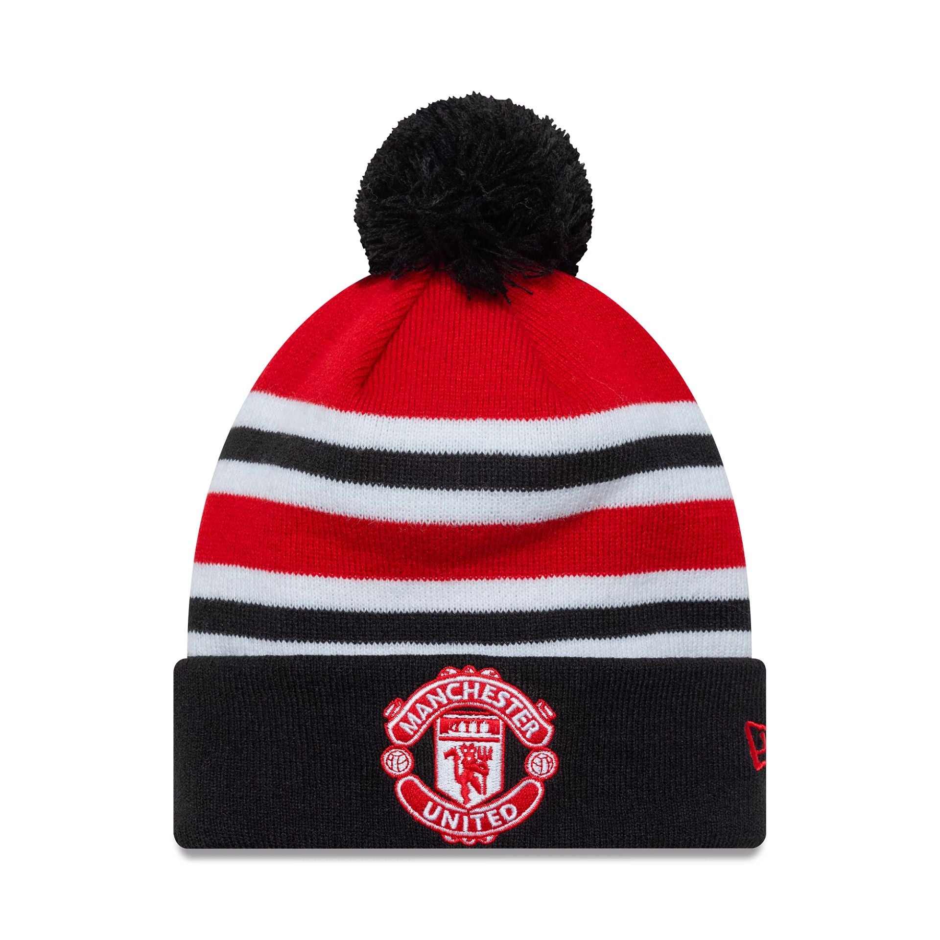 This is a Manchester United FC Youth Bar Stripe Red Cuff Knit Beanie Hat 1