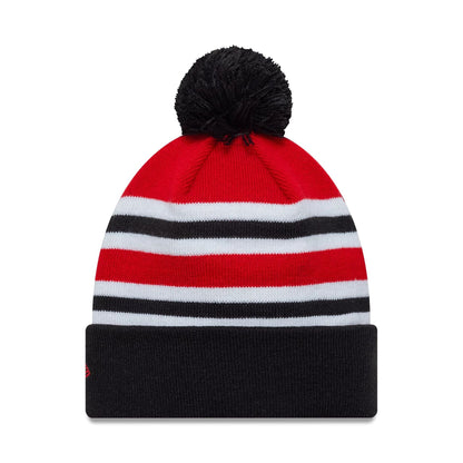 This is a Manchester United FC Bar Stripe Red Cuff Knit Beanie Hat 2