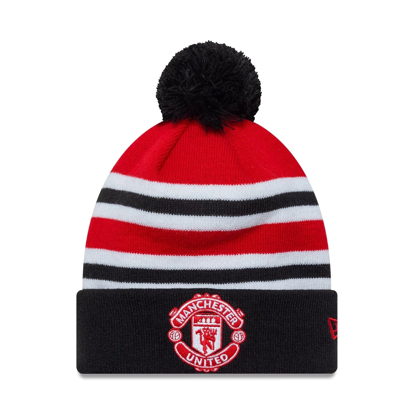 This is a Manchester United FC Bar Stripe Red Cuff Knit Beanie Hat 1