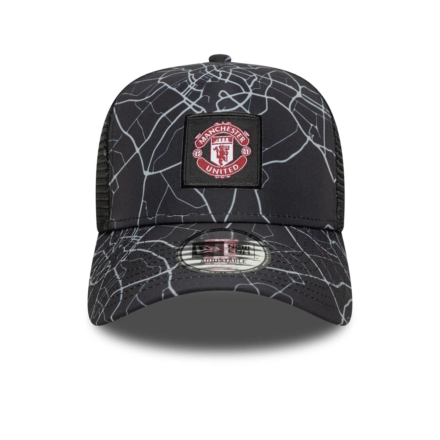 This is a Manchester United FC All Over Print Black 9FORTY E-Frame Trucker Adjustable Cap 2