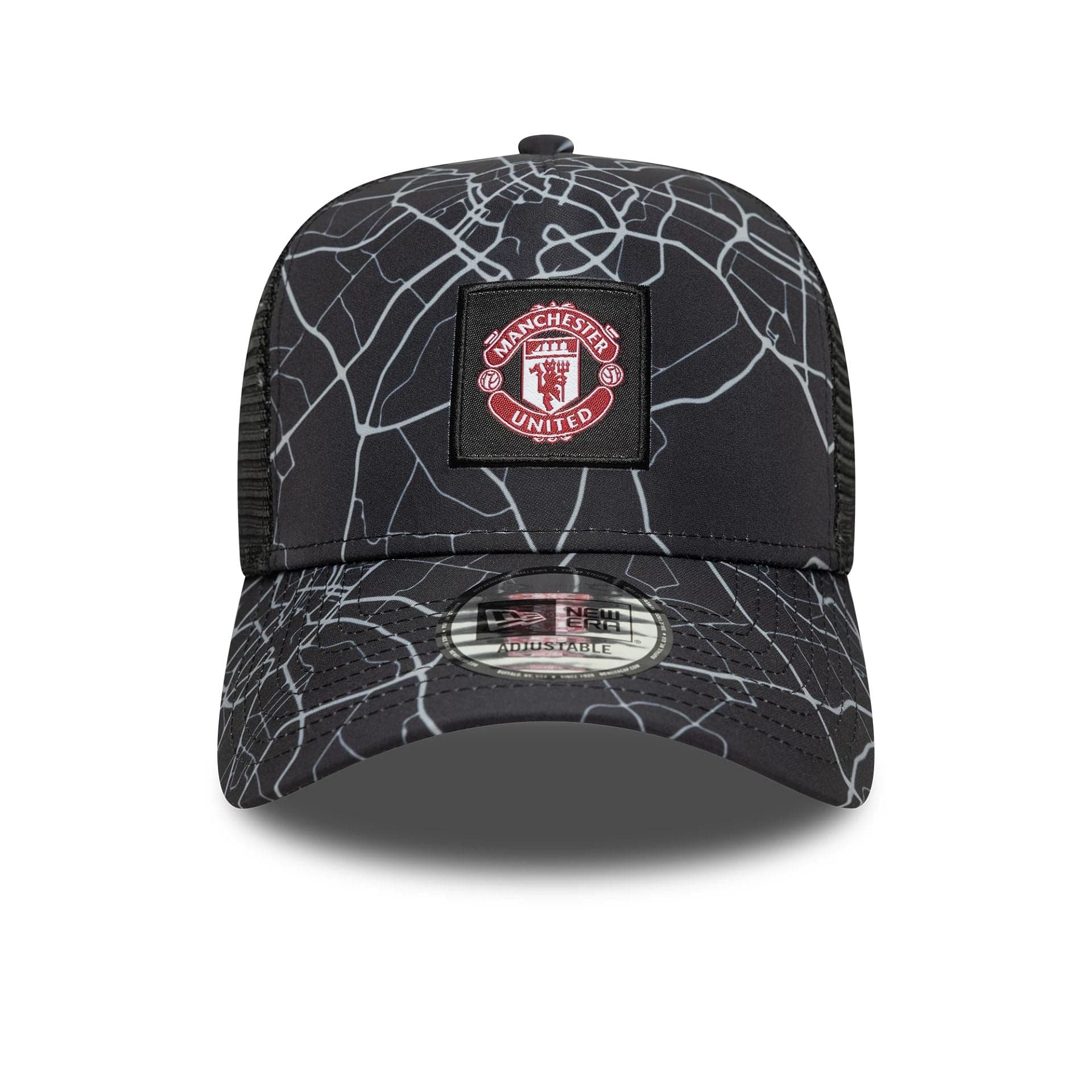 This is a Manchester United FC All Over Print Black 9FORTY E-Frame Trucker Adjustable Cap 2