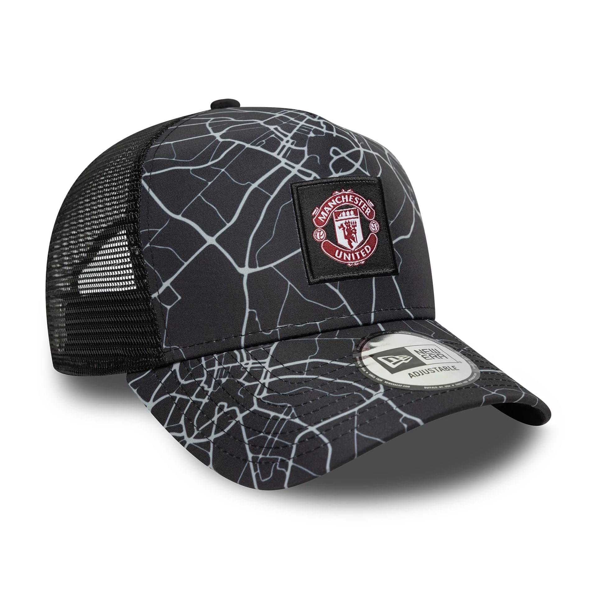 This is a Manchester United FC All Over Print Black 9FORTY E-Frame Trucker Adjustable Cap 3